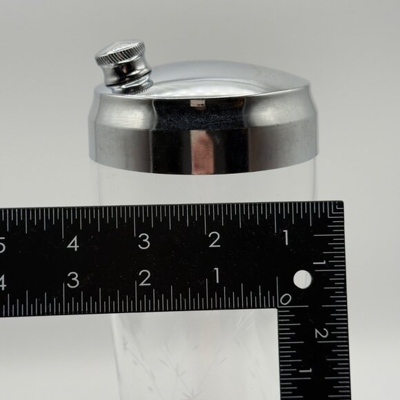 Vintage Mid Century Modern Etched Glass Cocktail Shaker Chrome Lid 10.5” MCM - Picture 15 of 16